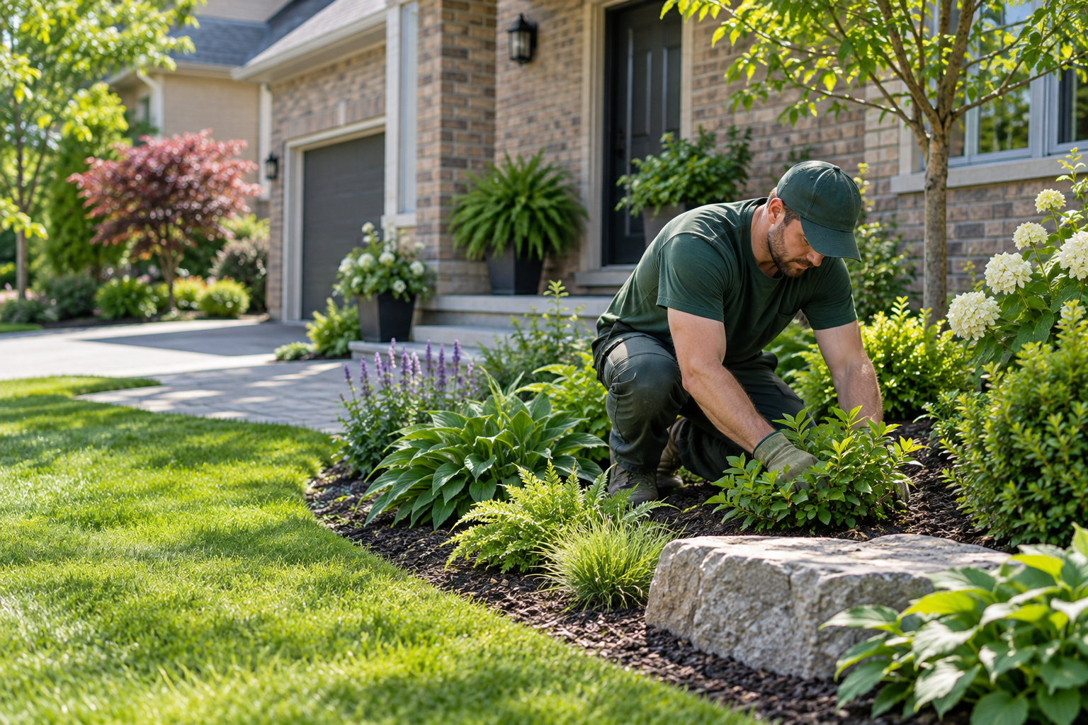 Landscaper working in a residential garden